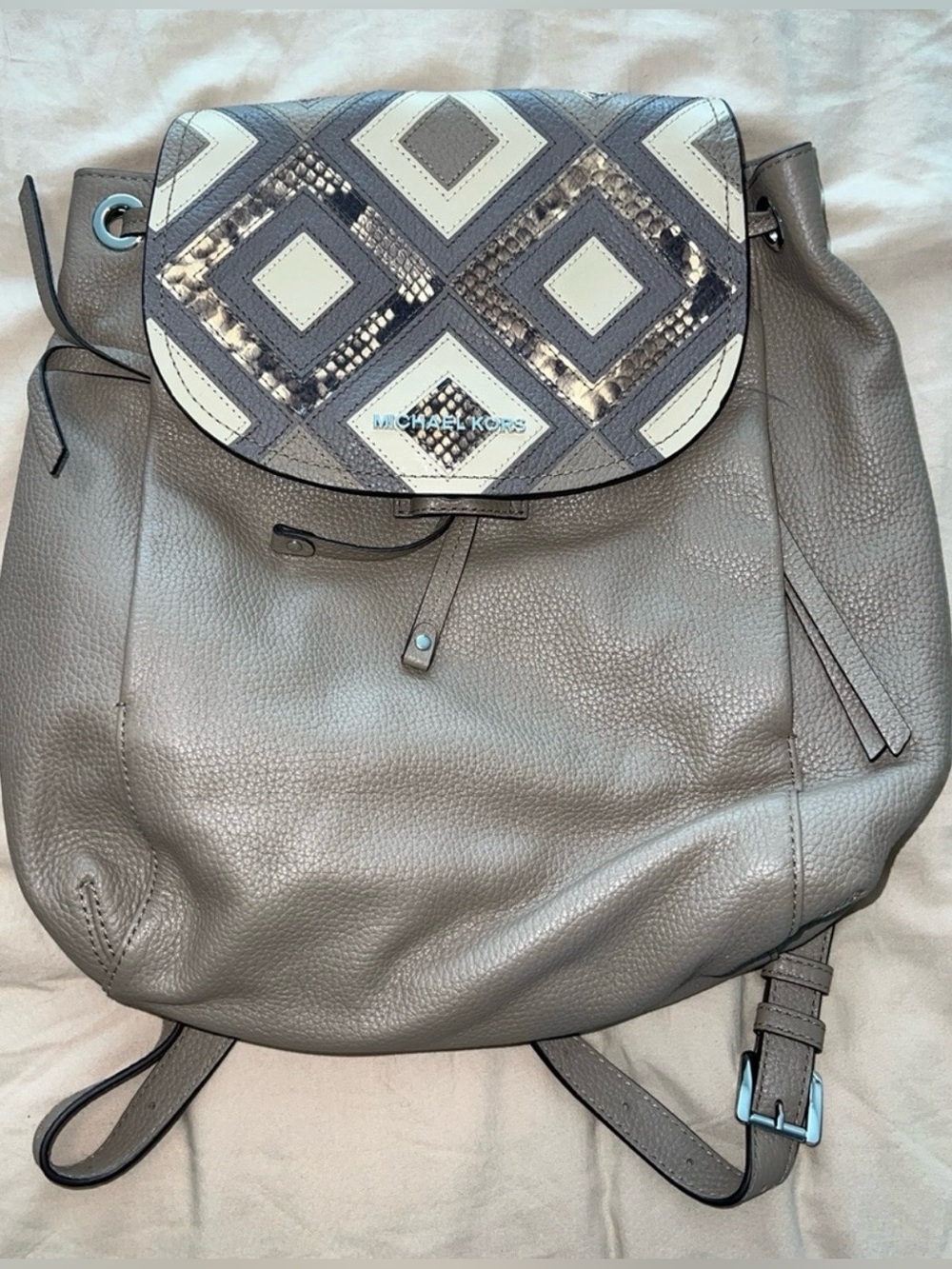 Michael Kors Riley Large Leather Backpack Taupe with Snake-print Flap